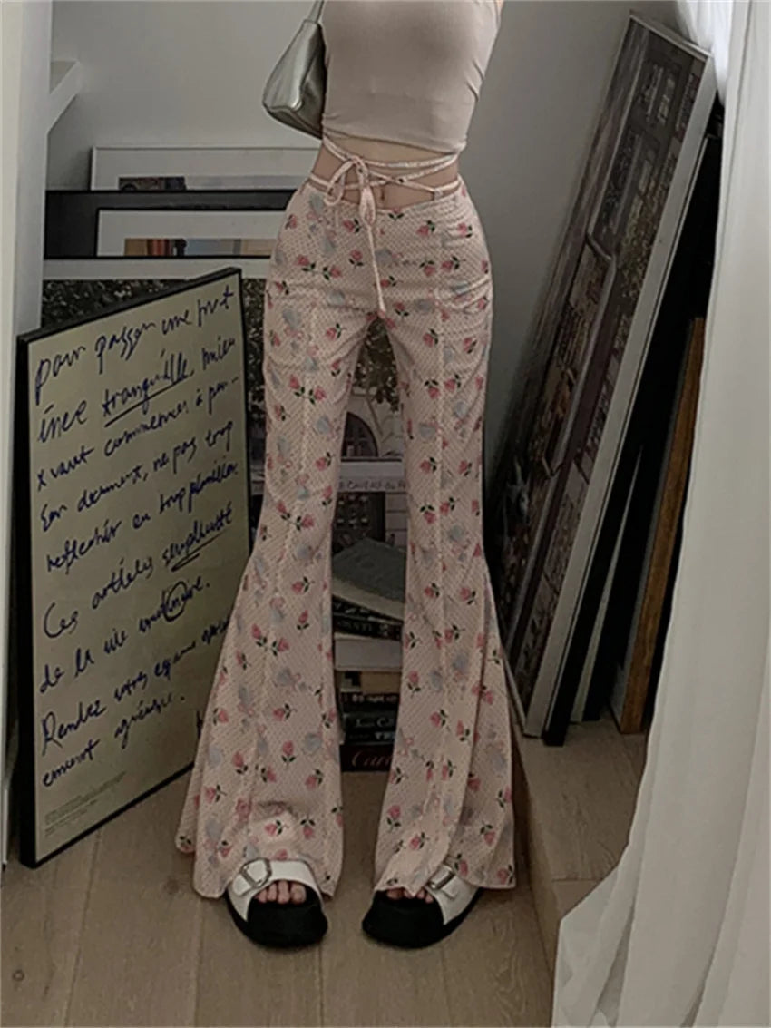 Aiertu  -  Slim Mopping Flare Pants Women High Waist Slim-Fit Printed Chic Autumn Casual Streetwear Office Lady Florals Aiertu