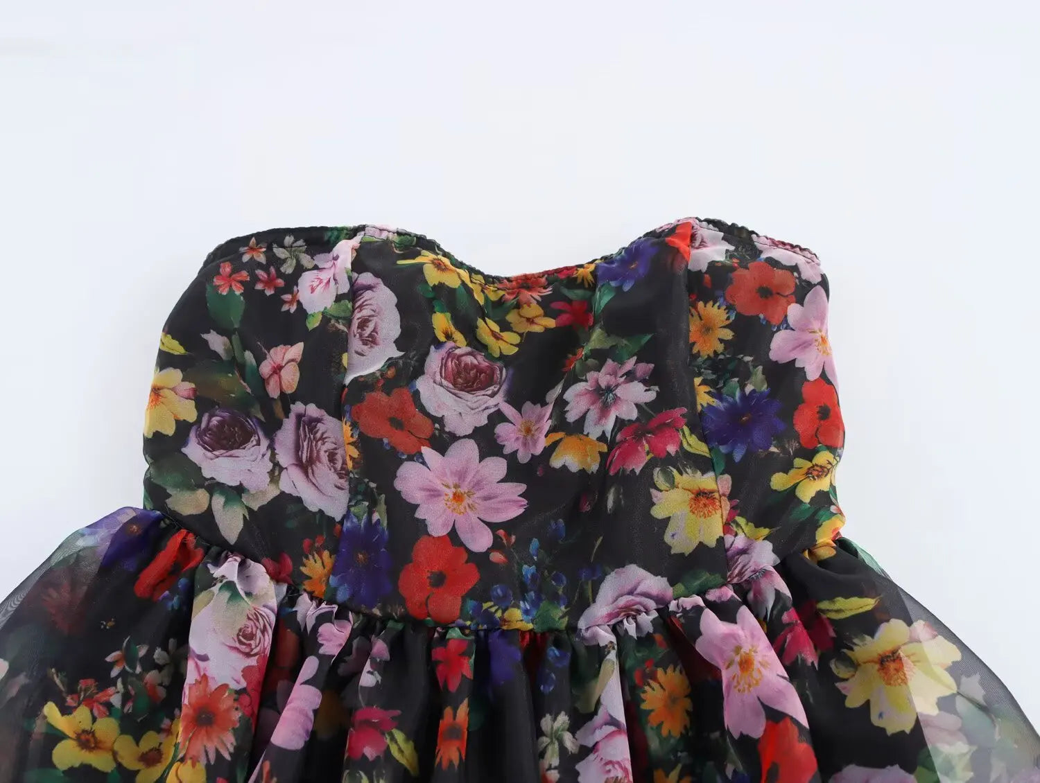 Aiertu  -  Sexy Women Black Flower Print Organza Strapless Dress Hem Ruched Swing BUD Party Skater Mini Short Robe Aiertu