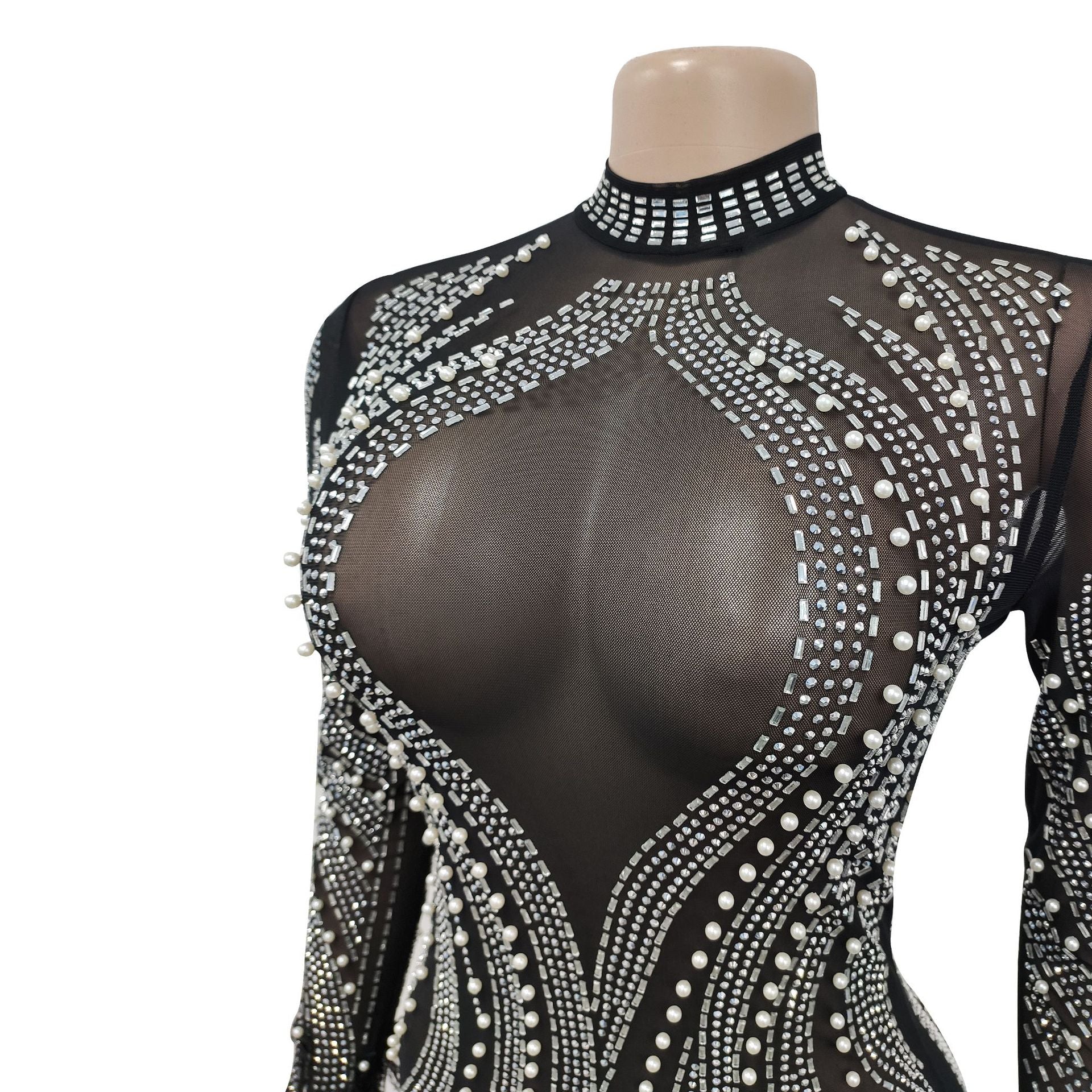 Aiertu  Woman Fashion Sexy Mesh See-through Long Sleeve Feathers Rhinestones Bodycon Party Dresses 2025  Package Hip Mini Nightclub Dress Aiertu