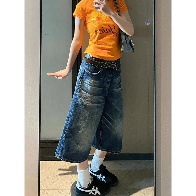Aiertu  Vintage Y2K Wash Whiskers Denim Shorts Women High Waist Distressed Frayed Wide Leg Baggy Jeans Jorts Casual Summer Clothes Aiertu