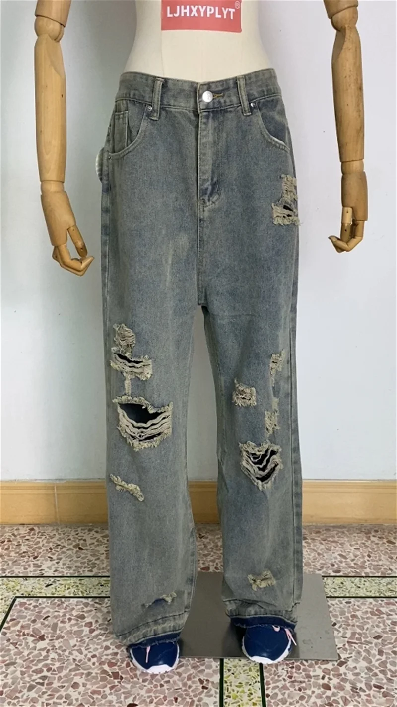 Aiertu  -  Women's Vintage Distressed Neutral Jeans Cool Girl High Waist Wide Legs Thin Pants Female Casual Straight Blue Denim Trousers Aiertu