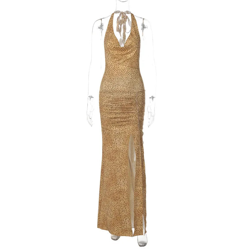 Aiertu  -  Women's Halter Neck Sleeveless Backless High Slit Beach Dress Female Leopard Printed Lace-up High Waist Slim Long Party Dresses Aiertu