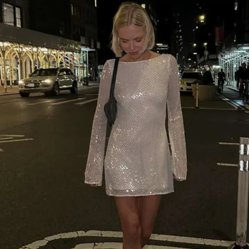 Aiertu  -  Elegant Backless Solid Sequins Mini Dress Women Sexy Long Sleeve O-neck Short Dress Lady Fashion New Evening Party Chic Vestidos Aiertu