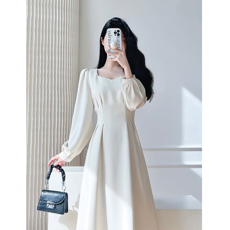 Aiertu Vintage White Midi Dresses for Women New Autumn Elegant Fashion Square Neck Long Sleeves Bride Wed Female Clothing Aiertu