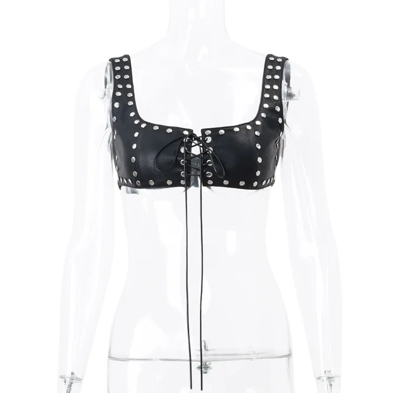 Aiertu      -   Fashion PU Leather Lace Up Sleeveless Crop Tops Rave Festival Punk Sexy Cropped Camis Top Tanks Streetwear Clothes Aiertu