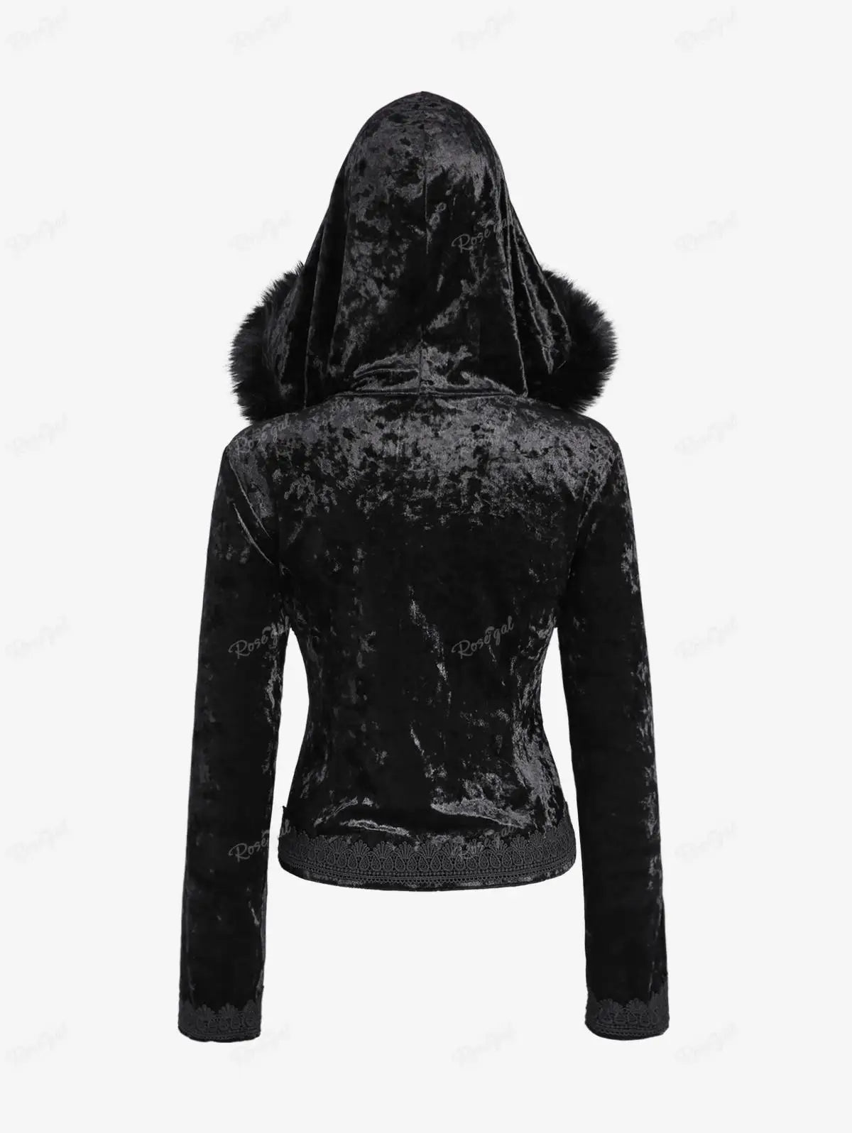 Aiertu  -  Plus Size Gothic Fur Coats Black Full Zipper Applique Panel Fur Trim Fluffy Collar Long Sleeves Velvet Coat Outwears Aiertu