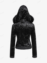Aiertu  -  Plus Size Gothic Fur Coats Black Full Zipper Applique Panel Fur Trim Fluffy Collar Long Sleeves Velvet Coat Outwears Aiertu