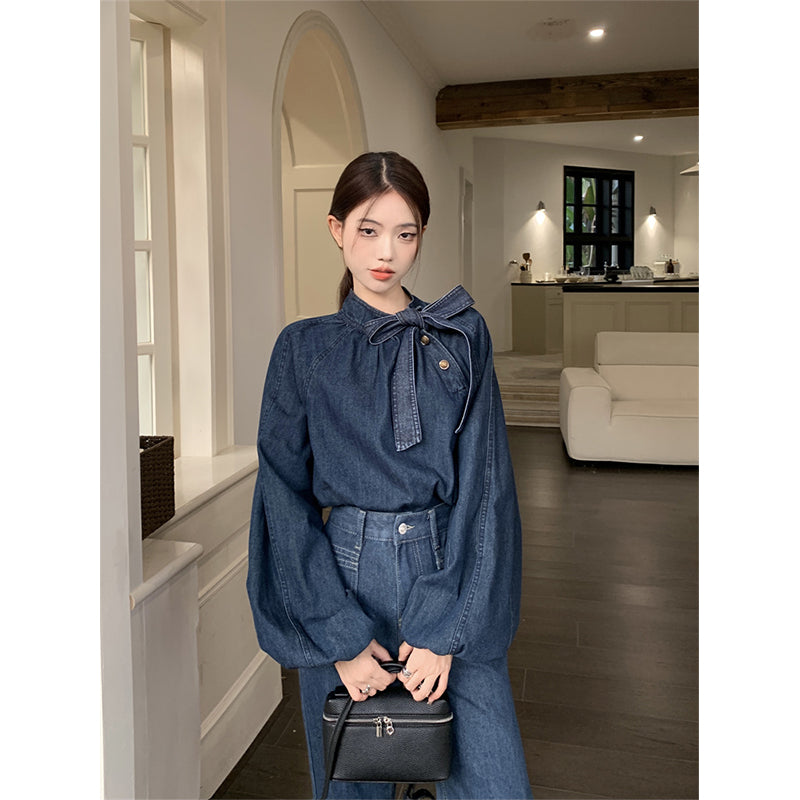 Aiertu Elegant Bow Denim Shirts Women Vintage Bandage Jeans Blouses Streetwear Korean Puff Long Sleeve Casual All Match Tops New Aiertu