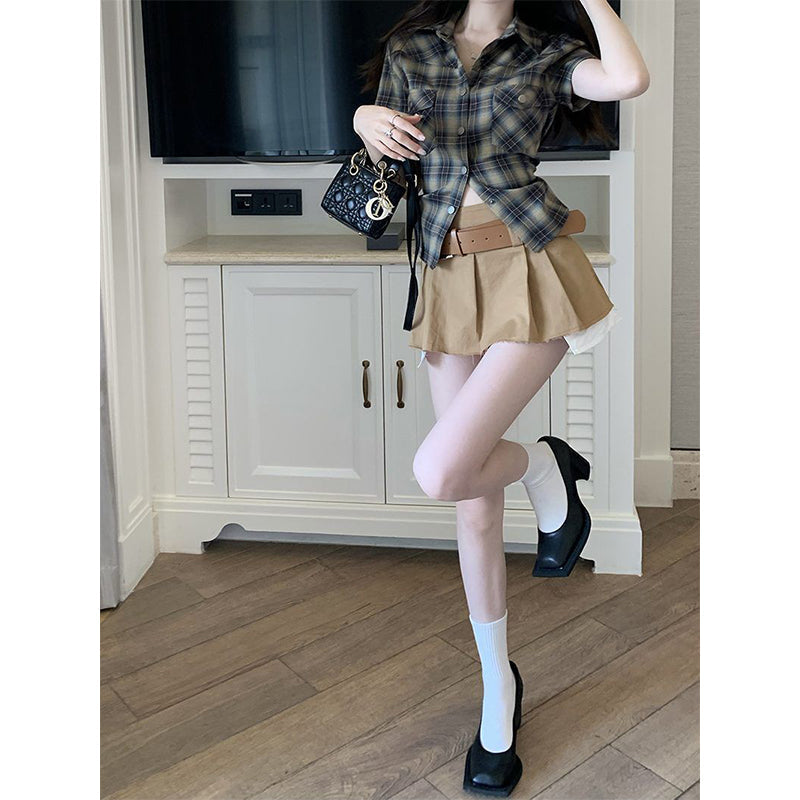 Aiertu Vintage Plaid Shirts Women Harajuku Cropped Pockets Blouses Summer Streetwear Korean Short Sleeve Slim Chic Design Tops Aiertu