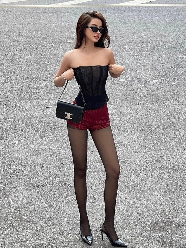 Aiertu  -  Summer Sexy 2Piece Set Women See Through Fishbone Mesh Strapless Tops+Mini Sequins Shorts Midnight Hottie Matching Suits Aiertu