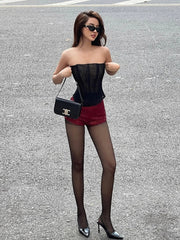 Aiertu  -  Summer Sexy 2Piece Set Women See Through Fishbone Mesh Strapless Tops+Mini Sequins Shorts Midnight Hottie Matching Suits Aiertu