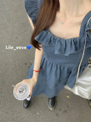 Aiertu  -  Sweet Hot Girl Denim Suit Women's Summer Pleated Flying Sleeve Top High Waisted A-line Long Skirt Two-piece Set Female Clothes Aiertu