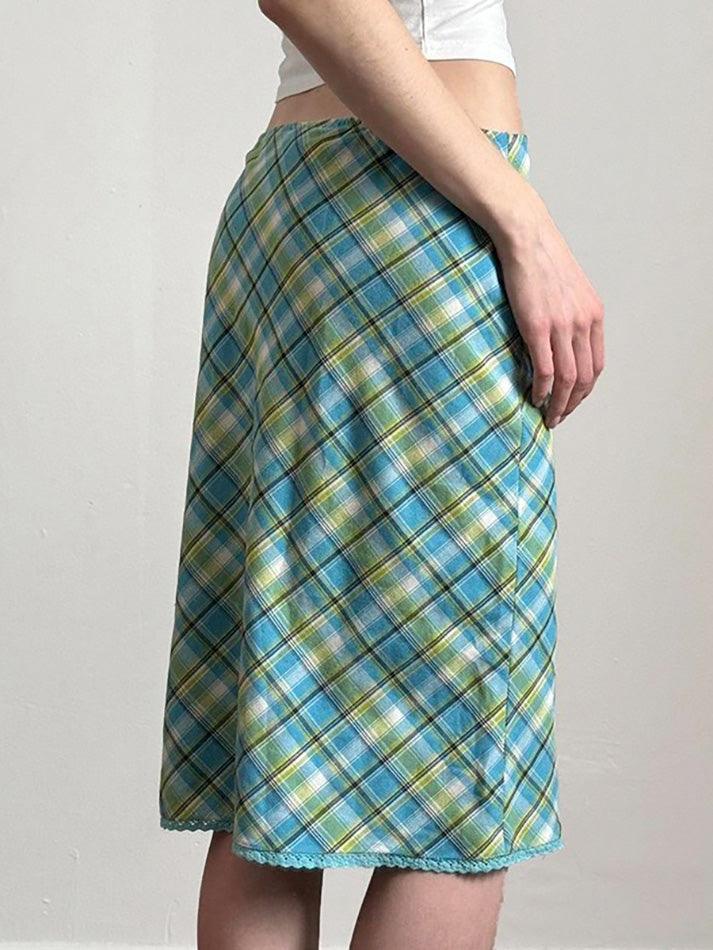 Aiertu  -Vintage Lace Trim Contrast Plaid Midi Skirt aiertu