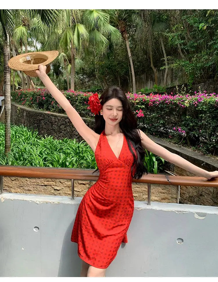 Aiertu  -  Women Red Polka Dot Sexy Festival Party Halter V-neck Bandage Short Dress Summer Elegant Sleeveless Backless Slim Mini Dress Y2k Aiertu