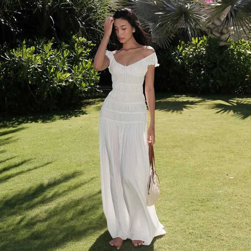Aiertu  -  Sexy Deep V-neck Pleated Maxi Dress For Women Elegant Fashion Backless Slim Fit Solid Color Sexy Holiday Birthday Dress Aiertu