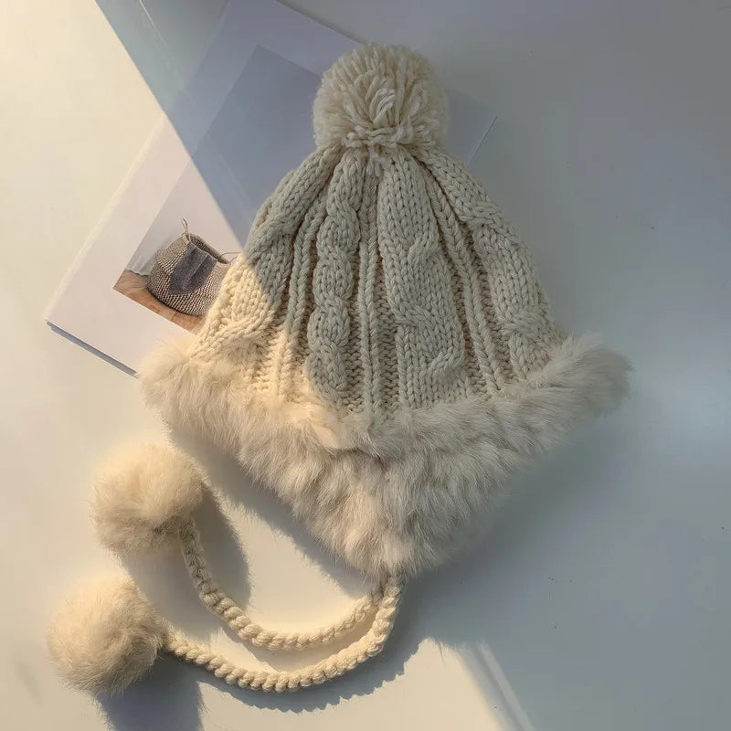 Aiertu  -  Winter Furry Knitted Hat for Women Girls Rabbit Fur Pompom Woolen Beanies Plush Thick Ear Protection Cap Windproof Skiing Bonnet Aiertu
