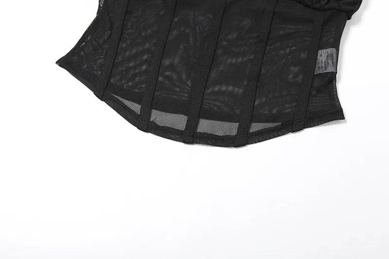 Aiertu  -  Summer 2 Piece Set for Woman Sexy Outfits Black Mesh Sheer Corset Top and Drawstring Pleated Mini Skirt Sets P94-EH32 Aiertu