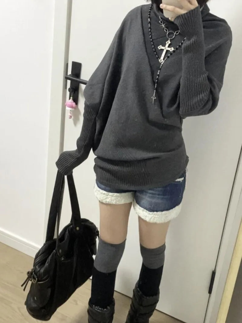 Aiertu  -  Y2K Fashion Gray Irregular Bat Sleeve Knitted Sweater Women Winter New Retro Simple Loose Harajuku Casual Pullover Sweater Aiertu
