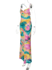 Aiertu  -  Tie dye Cowl Neck Summer Dress Women Open Back Strappy Sleeveless Maxi Long Ombre One-piece Summer Holiday Beachwear Aiertu