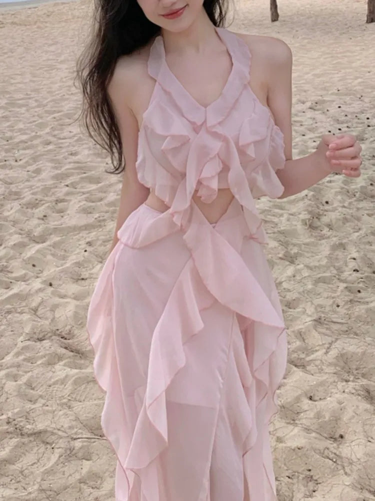 Aiertu  -  Sweet Pink Fairy Dress for Women Summer Halter Off Shoulder Sleeveless Ruffle Princess Birthday Party Dress Slim Casual Vestidos Aiertu