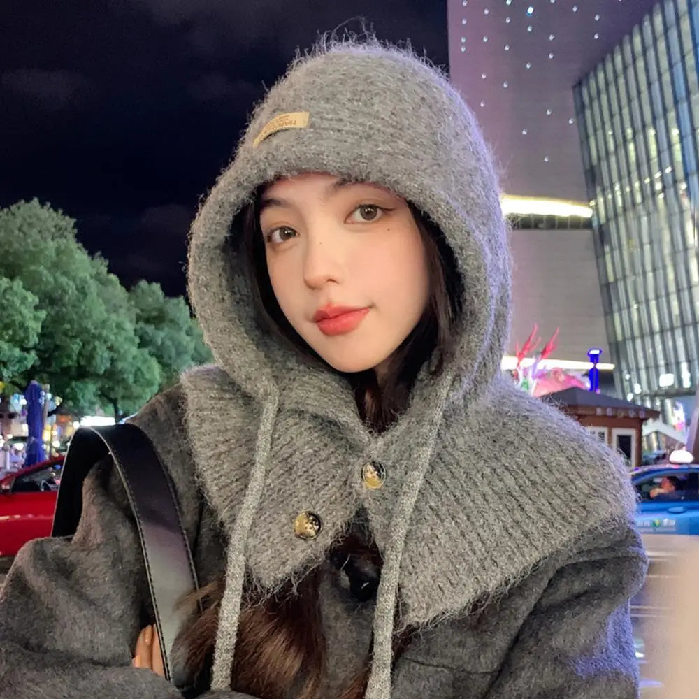 Aiertu  -  Winter Balaclava Hat Warm Knitted Women's Hood Hat Caps Cap Outdoor Pullover Color One-piece Solid Neck Cashmere Pullover Hat Aiertu