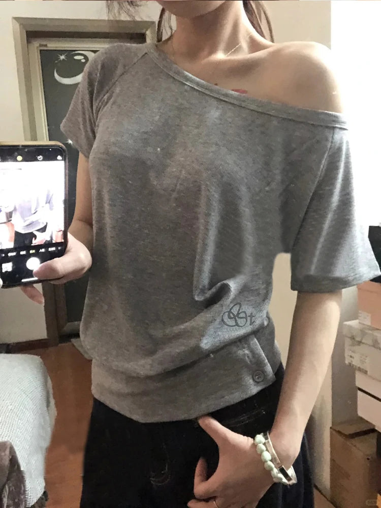 Aiertu  -  Korean Vintage Casual Style Letter Print Short Sleeve Women's Round Neck T-Shirts Fashion Slim Fit Sweet Grey Tees Slit Tops Aiertu