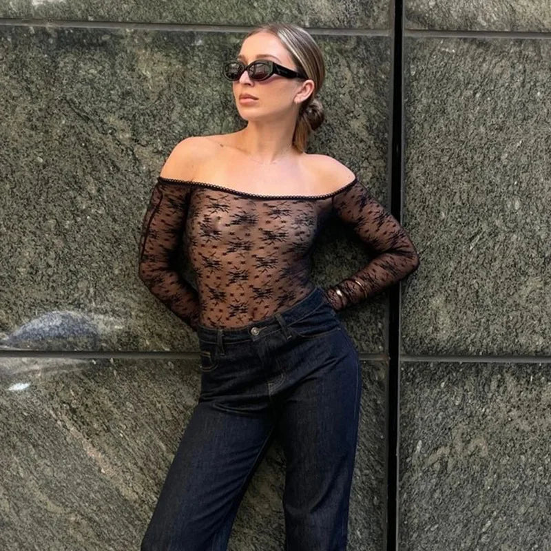 Aiertu  -  Lace Bodysuit Body Sexy Top Off Shoulder Long Sleeve Bodysuit Skinny Summer Sheer Bodysuits See Through Black Bodysuit for Women Aiertu