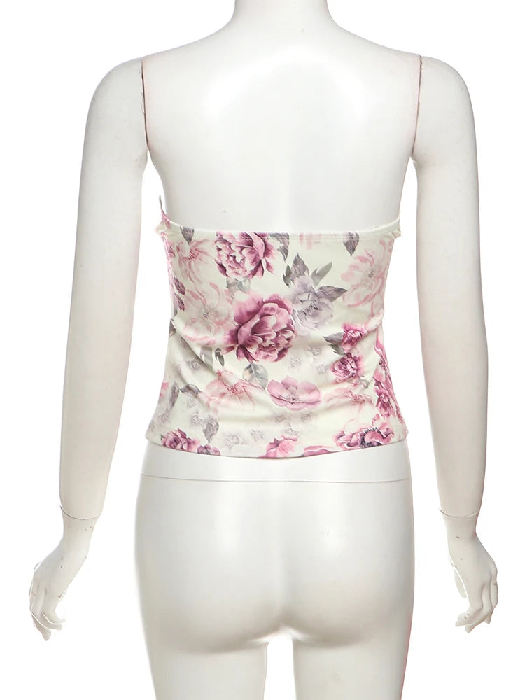 Aiertu  -  Sweet 2Piece Set Women Flower Print Single-Breasted Metal Buckle Wrap Mini Top+Patchwork Lace Folds Skirt Matching Suits Aiertu