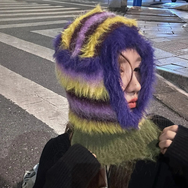 Aiertu  -  Winter Stripe Knitted Beanies Balaclava Hat Women Retro Fluffy Fur Knit Bonnet Outdoor Neck Warmer Windproof Skiing Skull Caps Aiertu