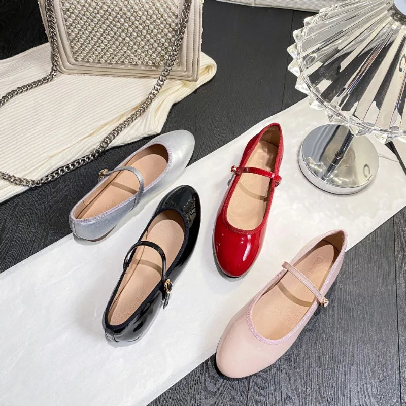 Aiertu  -   Shiny PU Leaather Flats Mary Janes Shoes Women Red Elegant Basic Pointed Toe Loafers Spring Autumn Daily Casual Black Shoes New Aiertu