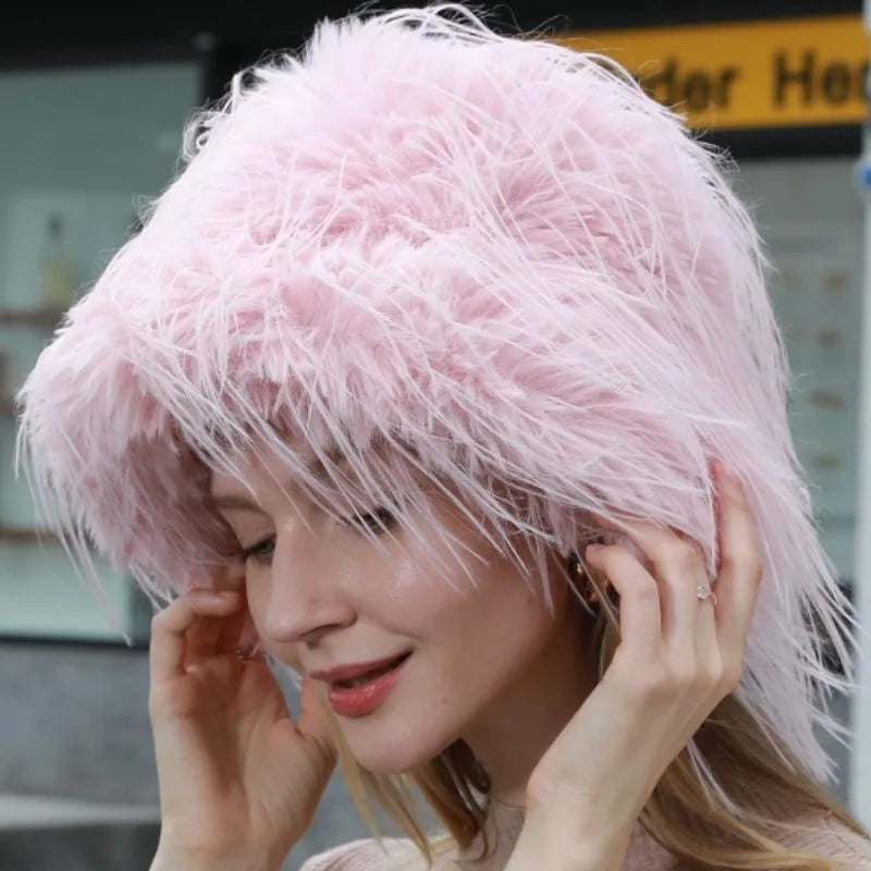Aiertu  -  Luxury Plush Faux Fur Bucket Hats For Women Fashion Winter Ostrich Feather Female Thicken Warm Fisherman Caps Party Panama Bob Aiertu