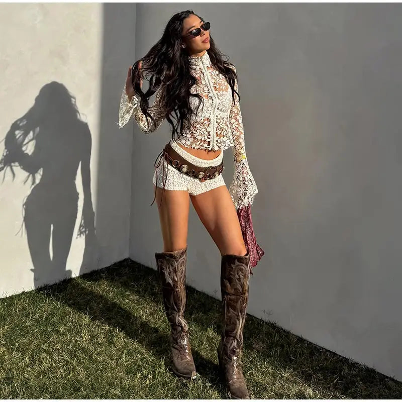 Aiertu  -  Lace Hollow Flared Sleeves Women's Top Stand Up Collar Zipper See Through Slim Shirt 2025 Summer Beach Holiday Female Blouse Aiertu