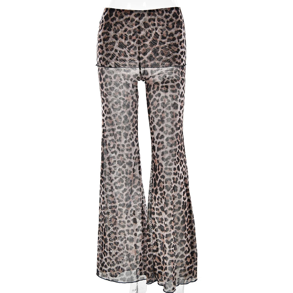Aiertu  -  Sexy See Through Print Leopard Mesh Women Pant High Waist Flare Pant Female Spring Loose Casual Vacation Party Beachwear Aiertu