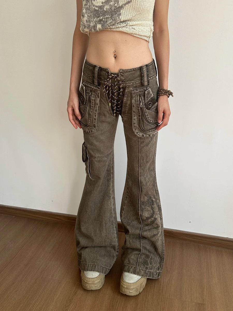Aiertu  -  Cowgirl Lace Up Low Waist Cargo Jeans Do Old Zipper Decor Distressed Brown Boot Cut Pants 90s Retro Women Streetwear Aiertu