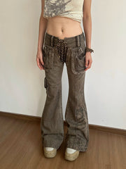 Aiertu  -  Cowgirl Lace Up Low Waist Cargo Jeans Do Old Zipper Decor Distressed Brown Boot Cut Pants 90s Retro Women Streetwear Aiertu