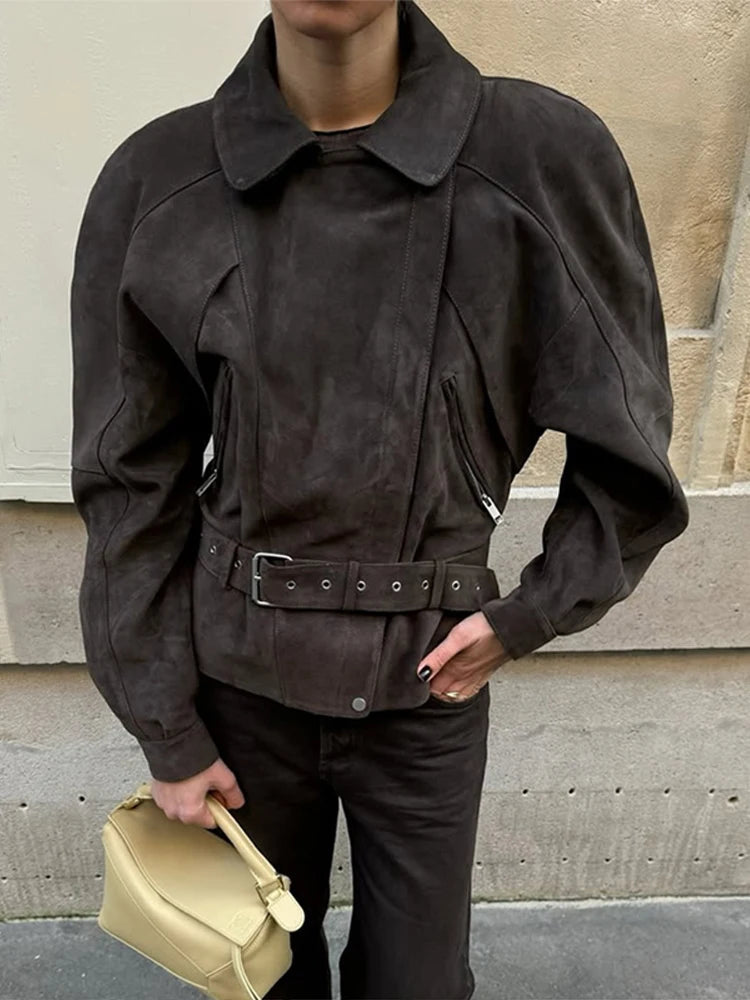 Aiertu  -  Lace Up Suede Waist Cinched Jacket Coat With Belt Leather Jackets Zipper Silhouette Lapel Slimming Short Outwear Women Overcoat Aiertu