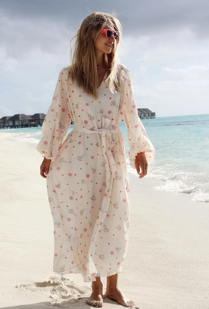 Aiertu  -  Women Printed Chiffon Dress Sweet Casual Summer Loose V-neck Beach Lace Up Long Skirts Fashionable Office Lady Dress Aiertu