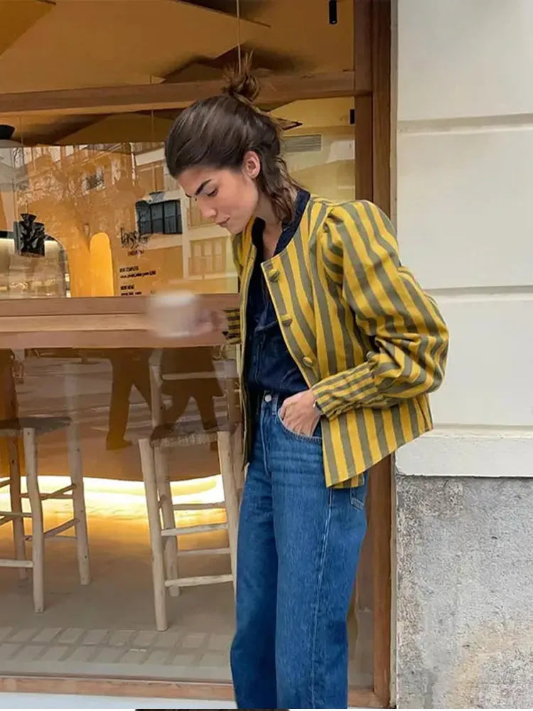 Aiertu  -  Elegant Striped Puff Sleeve Coat For Women Single Breasted O-neck Female Shirt Jacket 2026 Spring Fashion Office Lady Streetwear Aiertu