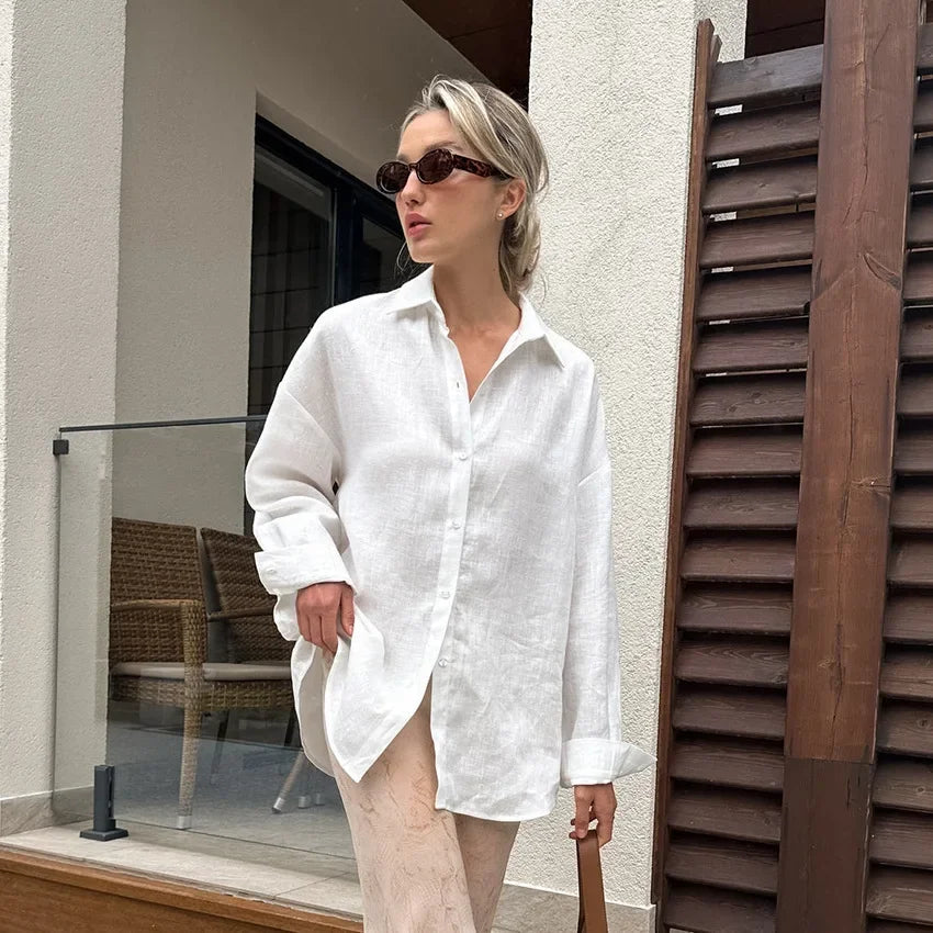 Aiertu  -  Commuter Casual 100% Cotton Women Shirts Solid Loose Lapel Long-sleeved Shirt With Button Simple Top Ladies Clothes Streetwear Aiertu