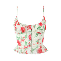 Aiertu  -  New Women Sexy Thin Straps O Neck Hem Ruffle Floral Print Camis Summer Holiday Crop Top ropa de mujer Aiertu