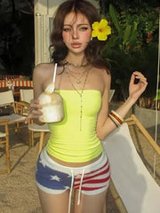Aiertu  -  Summer Sweet 2-Piece Set Women Solid Backless Sleeveless Elegant Tops+ Pentagram Stripes Knit Shorts Matching Suits Aiertu