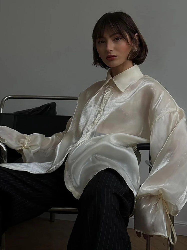Aiertu  -  layered look inspo Turn-down Collar Button Women Blouses Beige See Through Long Sleeve Blouses Female Winter Loose Casual Streetwear Aiertu
