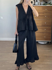 Aiertu  -  Black Elegant Summer Suits For Women New V Neck Lace-up Sleeveless Tank Top+Ruffle Trouser Fashion Casual Pants Sets 2 Piece Set Aiertu