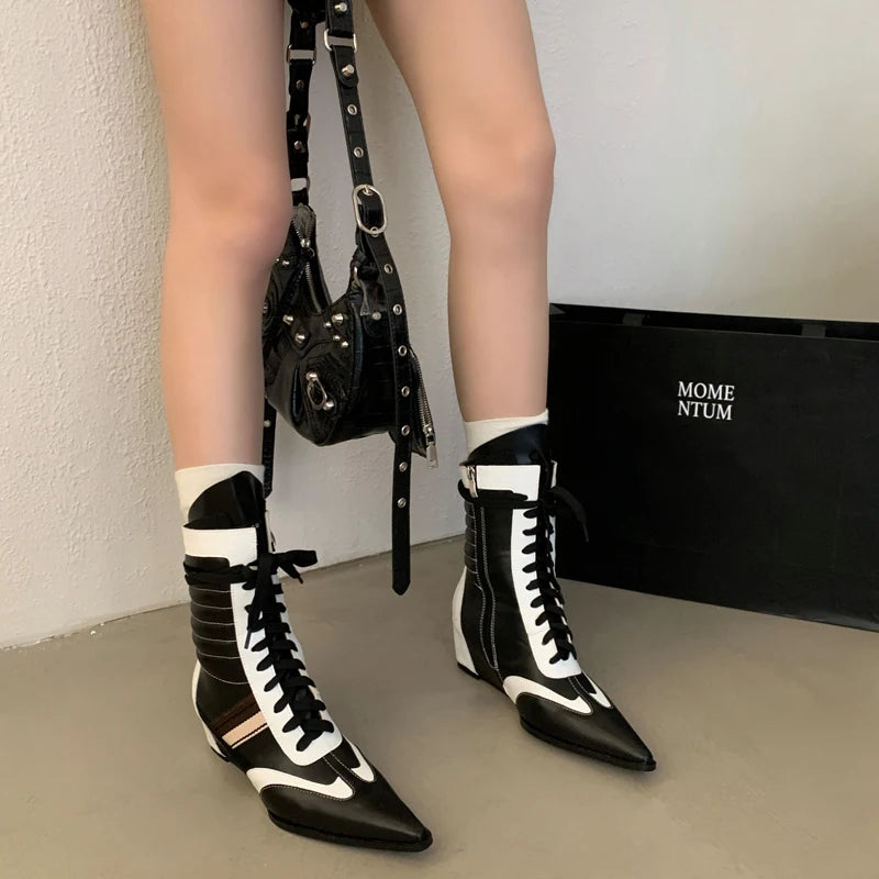 Aiertu    -  Black And White Boots Women Pointed Toe Lace Up Sports Style Wedges Shoe Fall Mid-calf Boots Comfort High Heels New Arrivals Aiertu