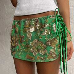 Aiertu  -  Sequin Bead Print Women's Mini Skirt Lace Up Flower Slim Short Straight Skirt Summer Beach Vacation Female's Skirts Aiertu