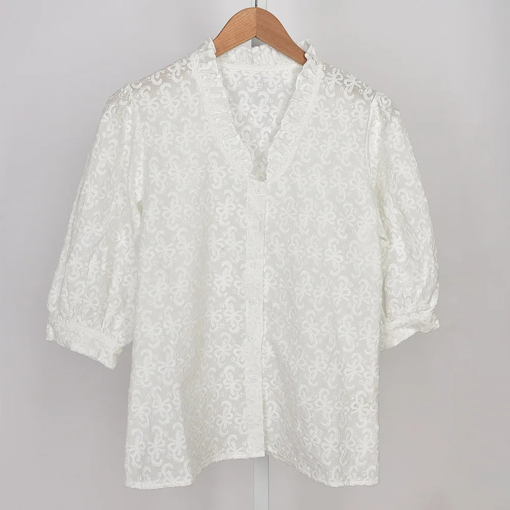 Aiertu  -   Bow Embroidery White Blouse Women Spring New Ruffle V Neck Puff Sleeve Shirts Tops Female French Elegant Casual Fashion Blouses Aiertu