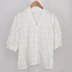 Aiertu  -   Bow Embroidery White Blouse Women Spring New Ruffle V Neck Puff Sleeve Shirts Tops Female French Elegant Casual Fashion Blouses Aiertu