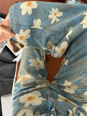 Aiertu  -  Women's Daisy Printed High Waisted Jeans Summer Street Cool Girl Bottoms Wide Legs Irregular Pants Female Baggy Denim Trousers Aiertu