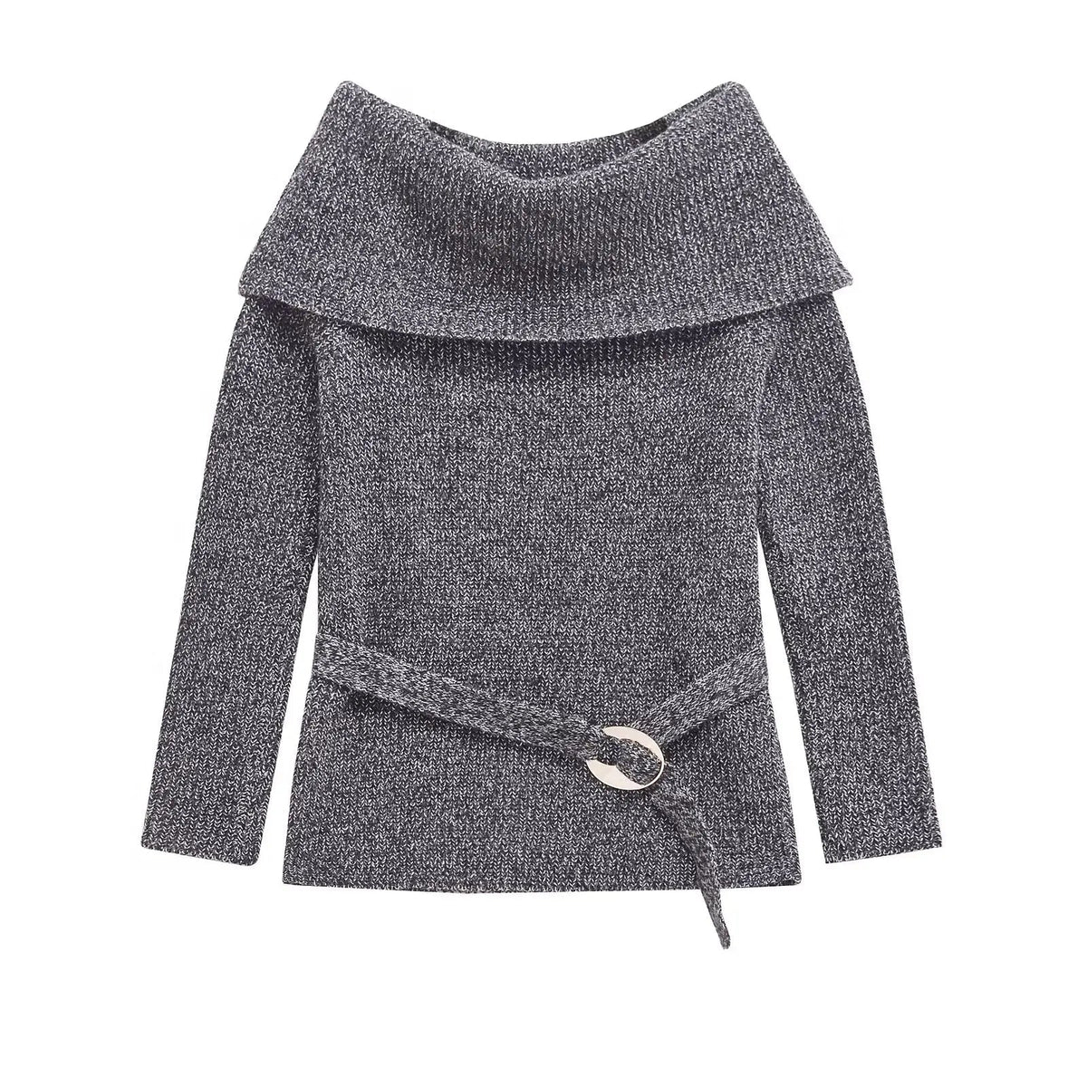Aiertu  -  High Street Women Sexy Off Shoulder Knit Sweater Long Sleeve With Belt Slim Gray Pullover Female Autumn Winter Knitwear Aiertu
