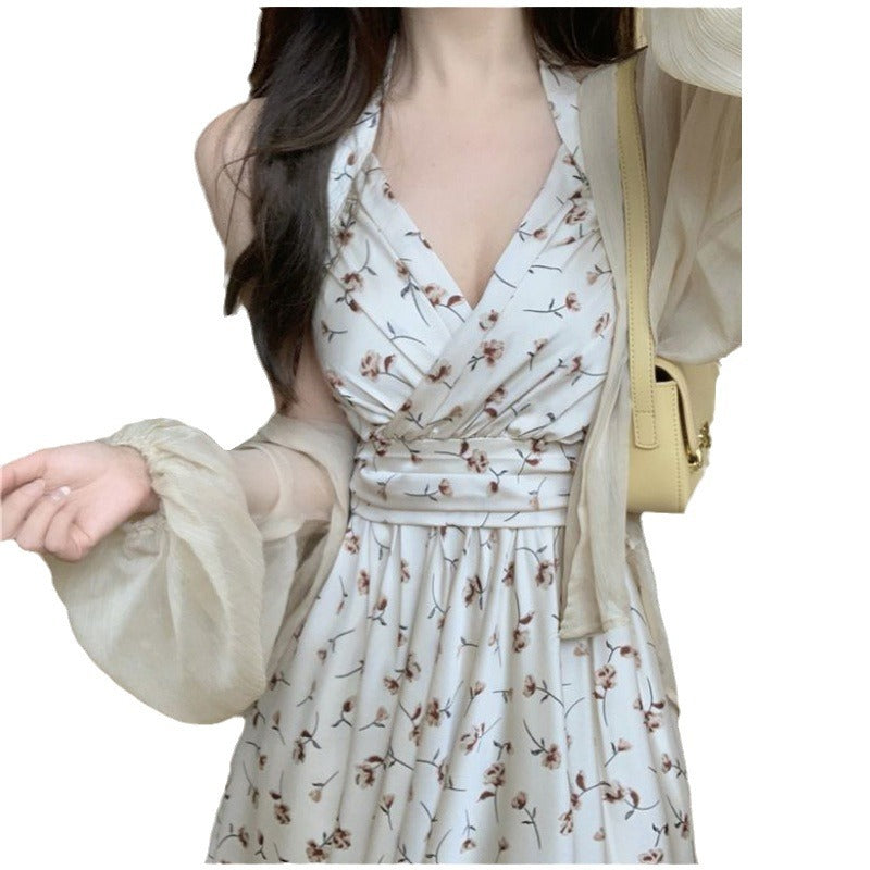Aiertu Thin Hot Girl Summer Hanging Neck Type Broken Flowers In The Long Skirt Fairy Temperament French Accept Waist Dress-Outfit Ideas Aiertu